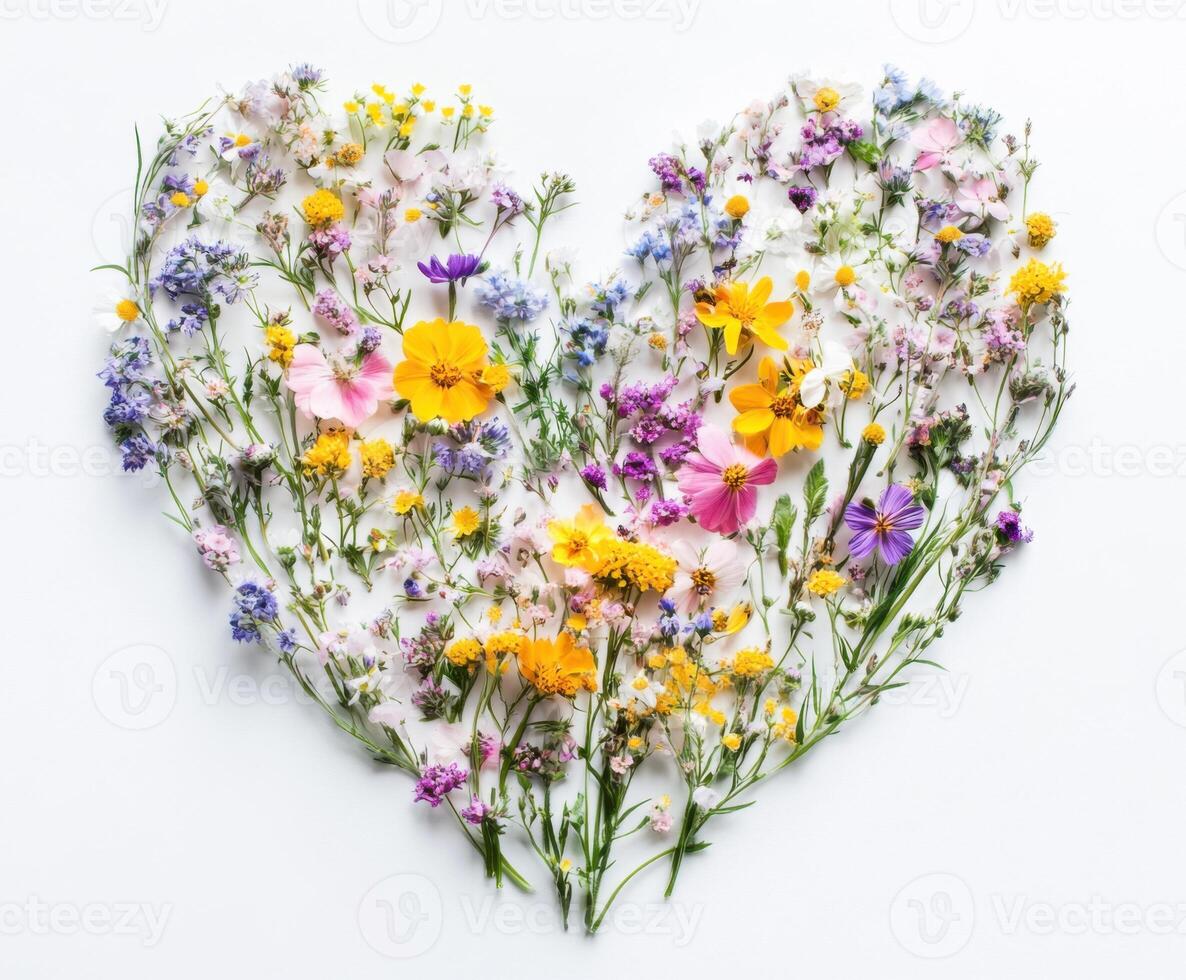 Colorful wildflowers arranged in the shape of a heart on a white surface during daylight photo