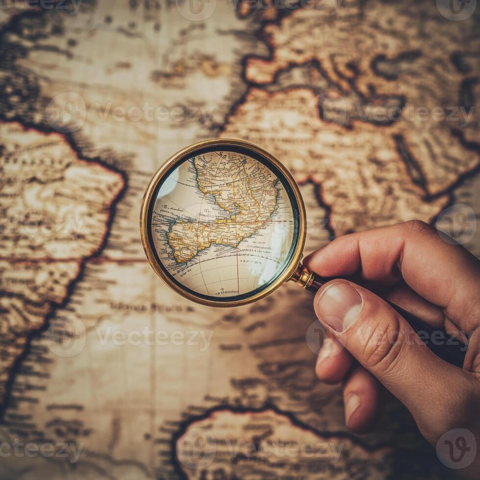 Exploring historical maps with a magnifying glass highlighting locations of interest in Central America photo