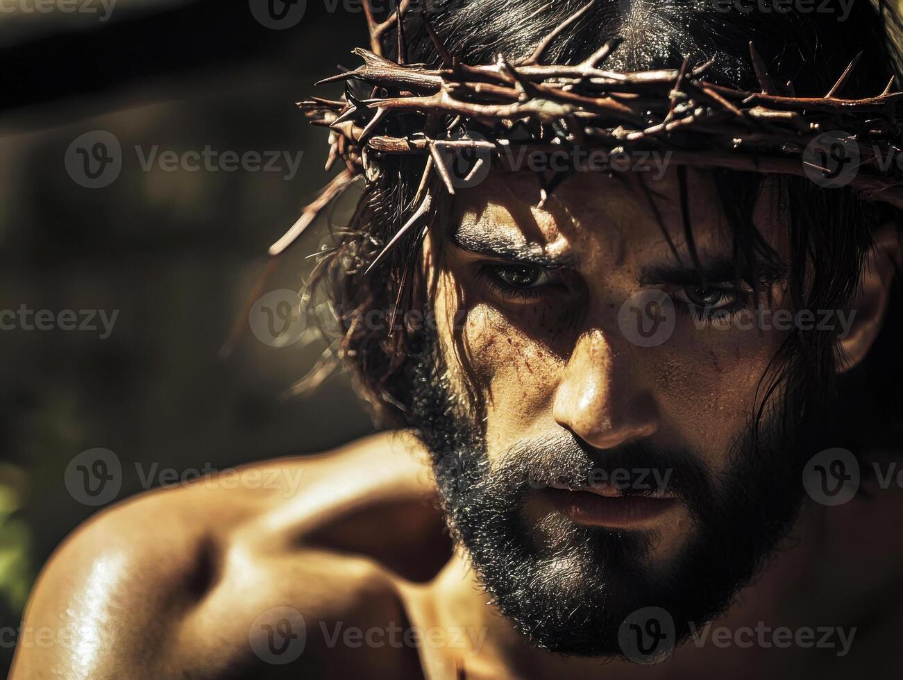Depiction of a man with a crown of thorns reflecting deep emotion in a natural setting photo