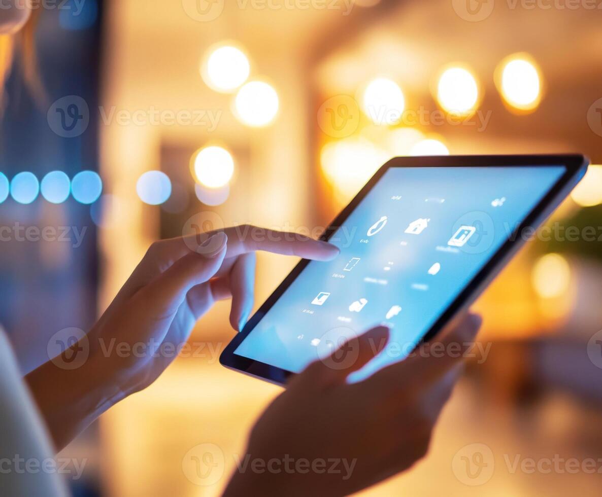 Person using a tablet to navigate applications in a brightly lit indoor space during the evening photo