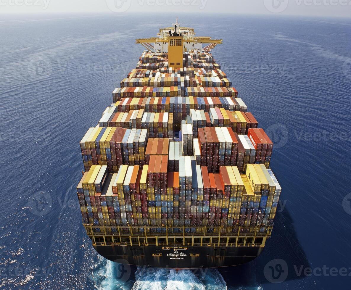 Large container ship navigating the open ocean with colorful cargo in broad daylight photo