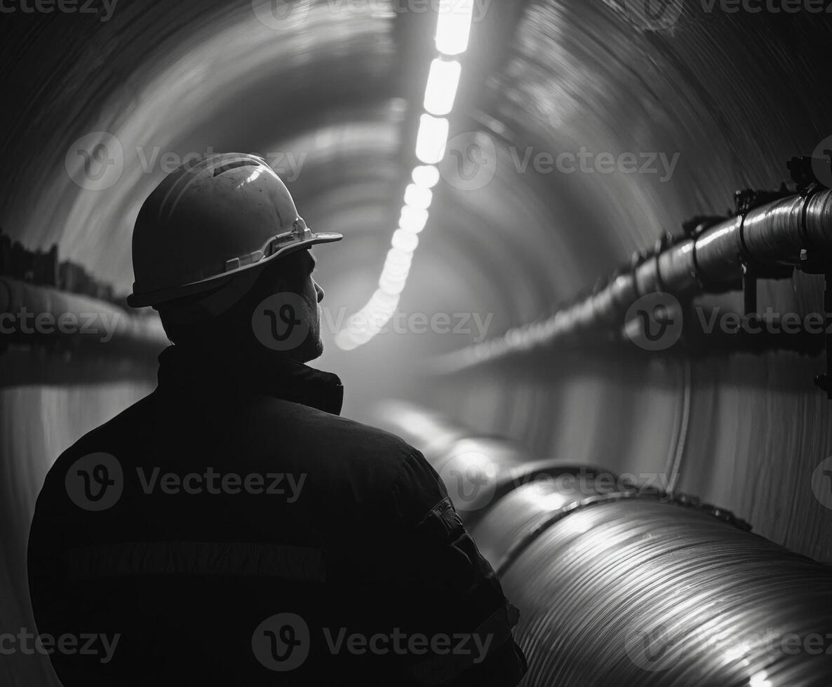 Worker inspects a dimly lit tunnel with industrial pipes during a routine maintenance check photo