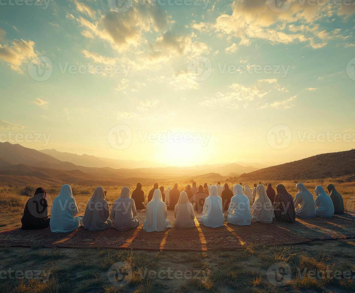 Group of people observing sunset together in serene mountainous landscape near a river during twilight photo