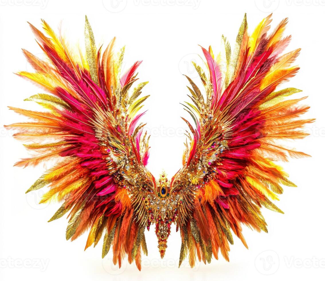 Vibrant feathered wings display in fiery colors representing freedom and creativity at a festive event photo