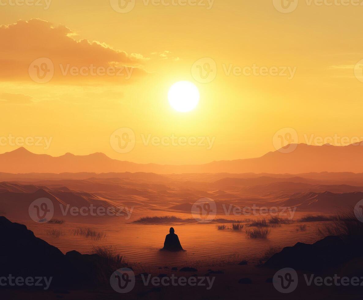 Meditation at sunset in a serene desert landscape with mountains in the background photo
