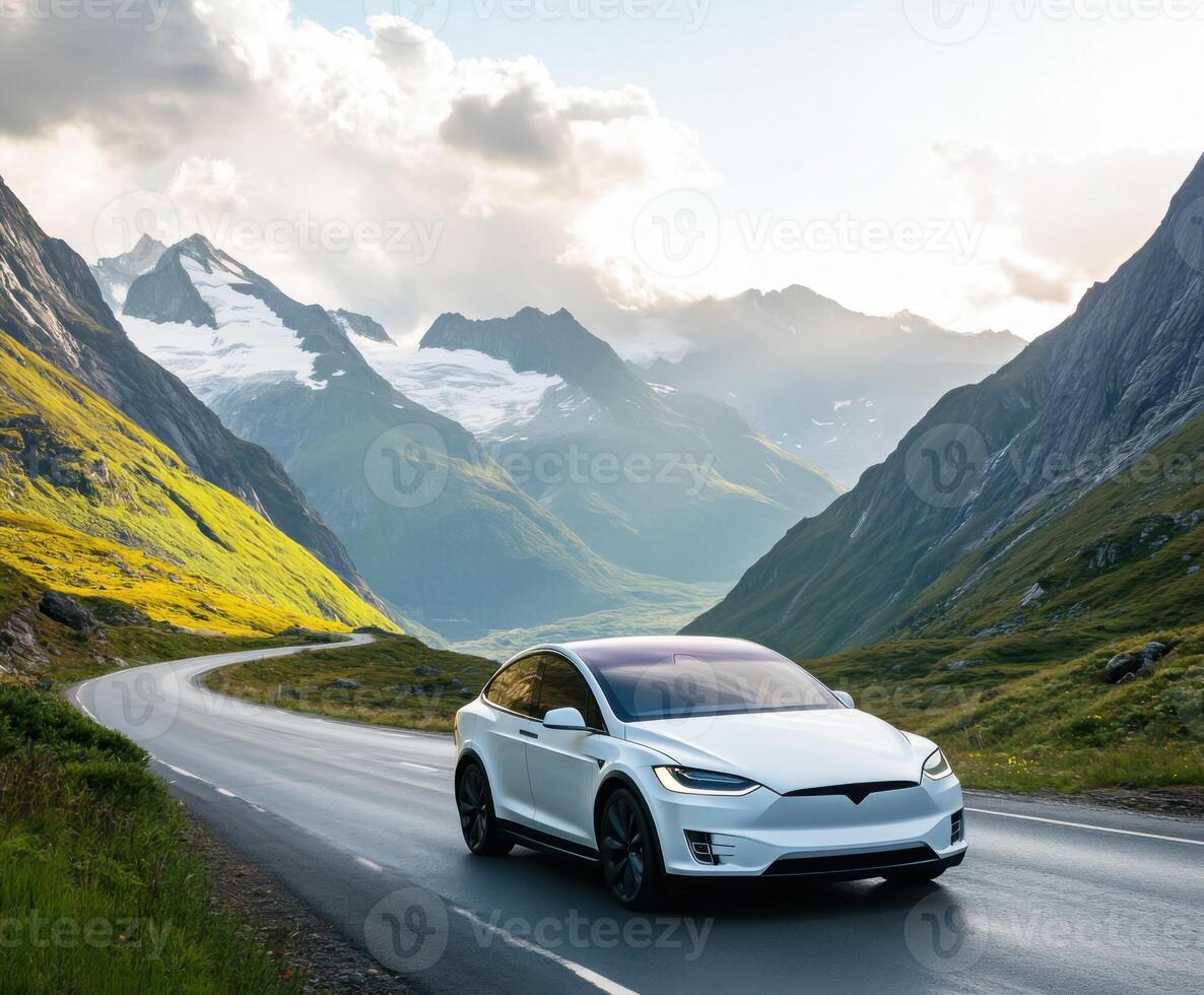 Scenic drive through a mountainous landscape with a white electric vehicle under a cloudy sky photo