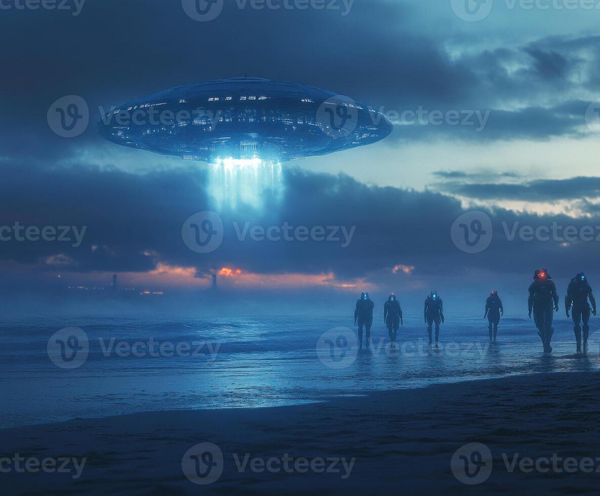 Mysterious figures approach a hovering spacecraft on a foggy beach at twilight photo