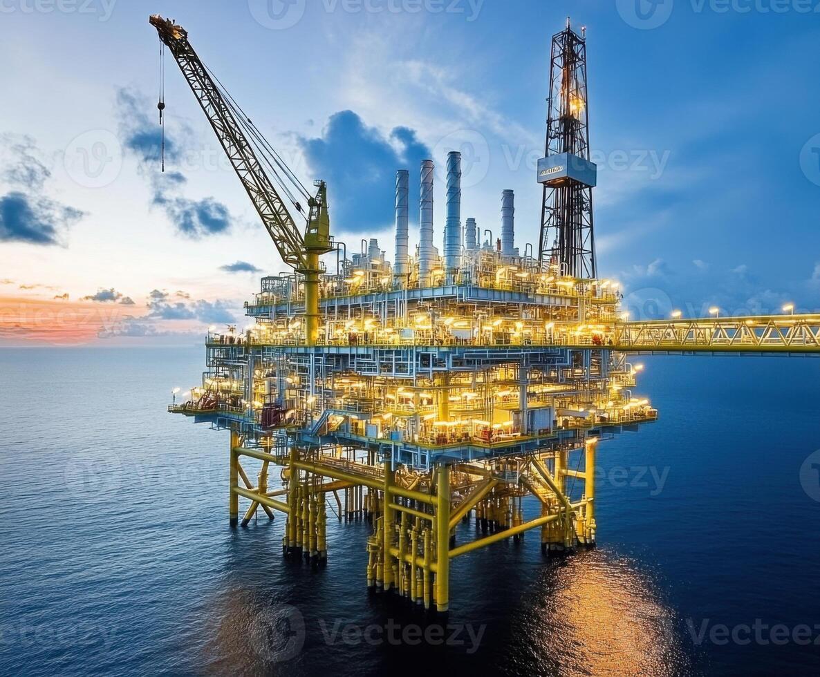 Offshore oil rig shines during twilight as operations continue in a vast ocean photo