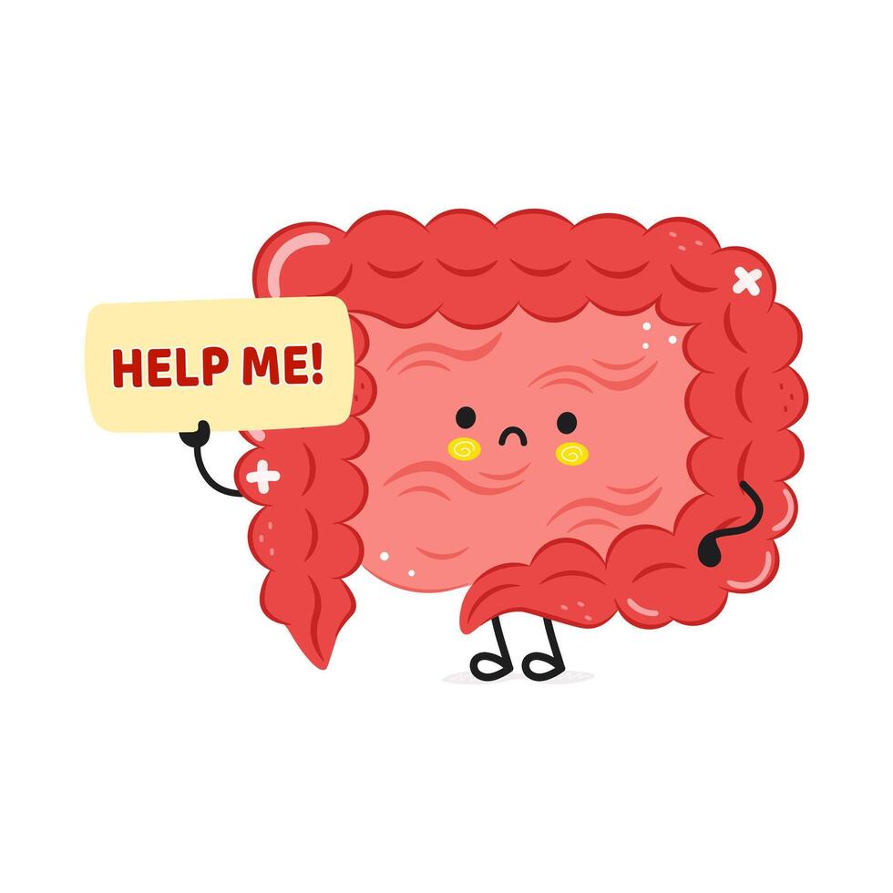Cute cartoon of a distressed intestine holding a Help Me sign vector