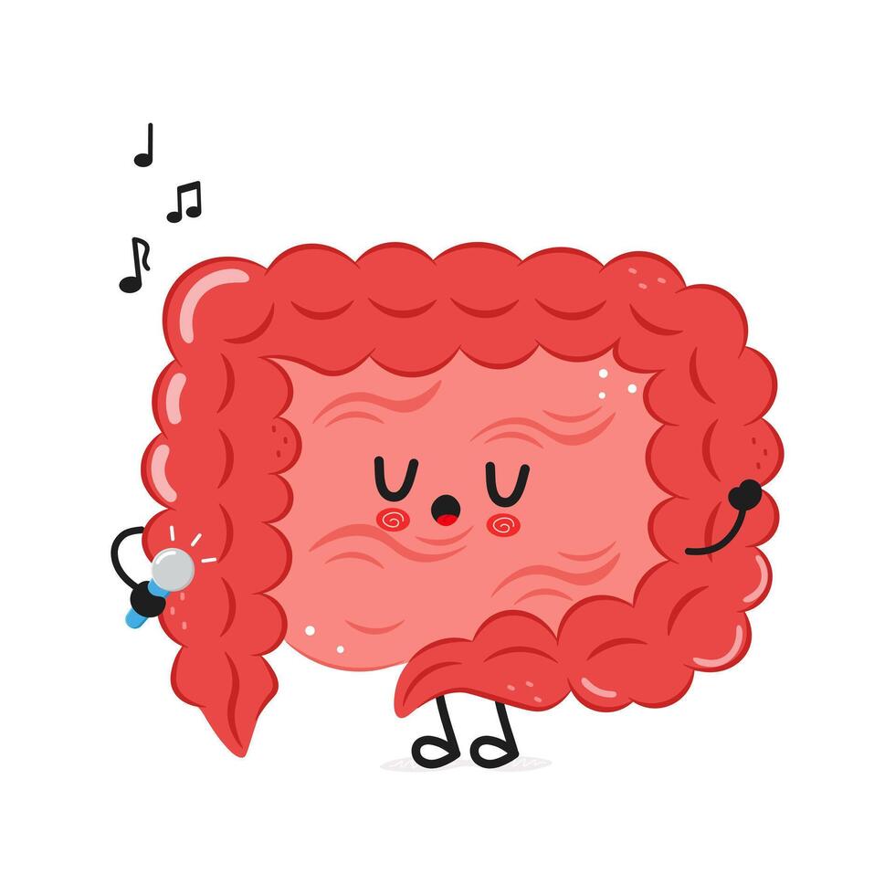 Cute singing Intestine character holding a microphone in cartoon style. vector