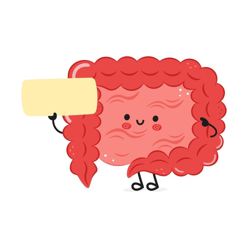 Cute cartoon Intestine character holding blank sign on white background vector