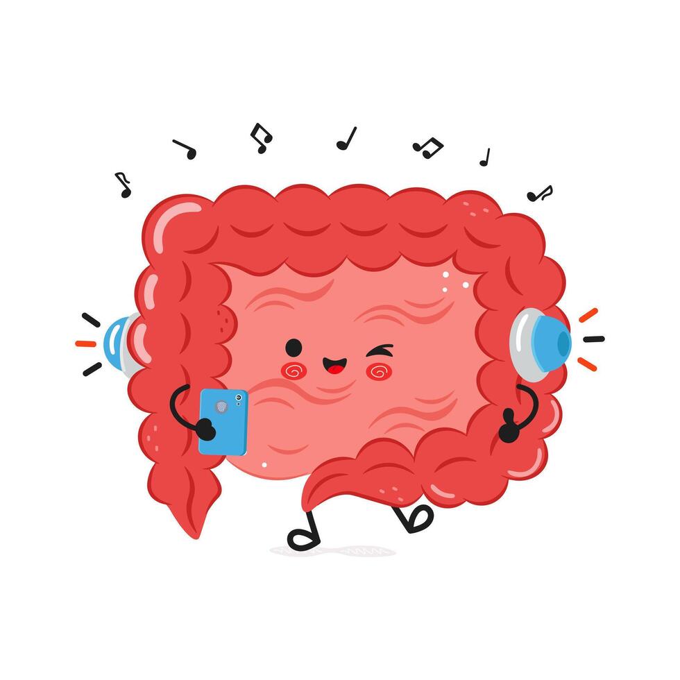 Cute cartoon Intestine listening to music with headphones vector