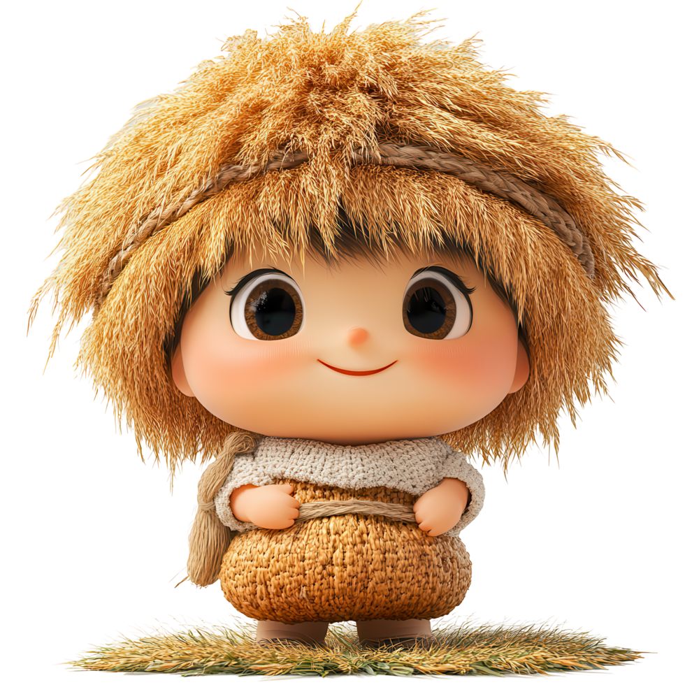 Cute character with straw-like hair in a playful posture in a whimsical, rural setting on a sunny day isolated on transparent background png