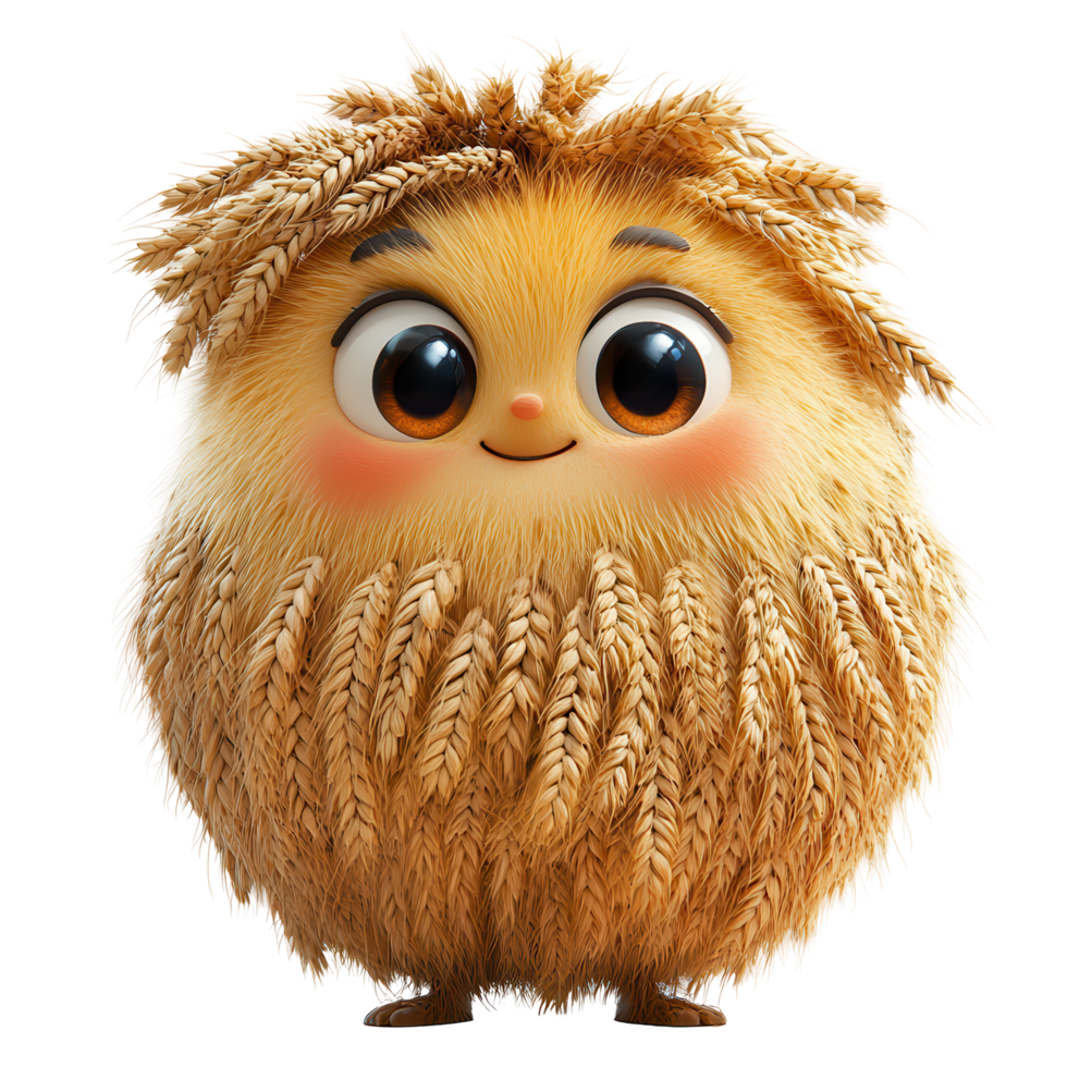 Friendly cartoon creature with wheat-like fur smiles cheerfully in a colorful environment while standing upright with large eyes isolated on transparent background png