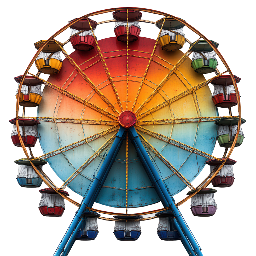 Colorful ferris wheel decorated with vibrant hues and empty gondolas at an amusement park during midday isolated on transparent background png