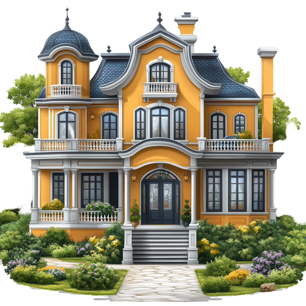 Beautiful yellow mansion with ornate architecture surrounded by lush greenery and colorful flowers in a serene setting isolated on transparent background png