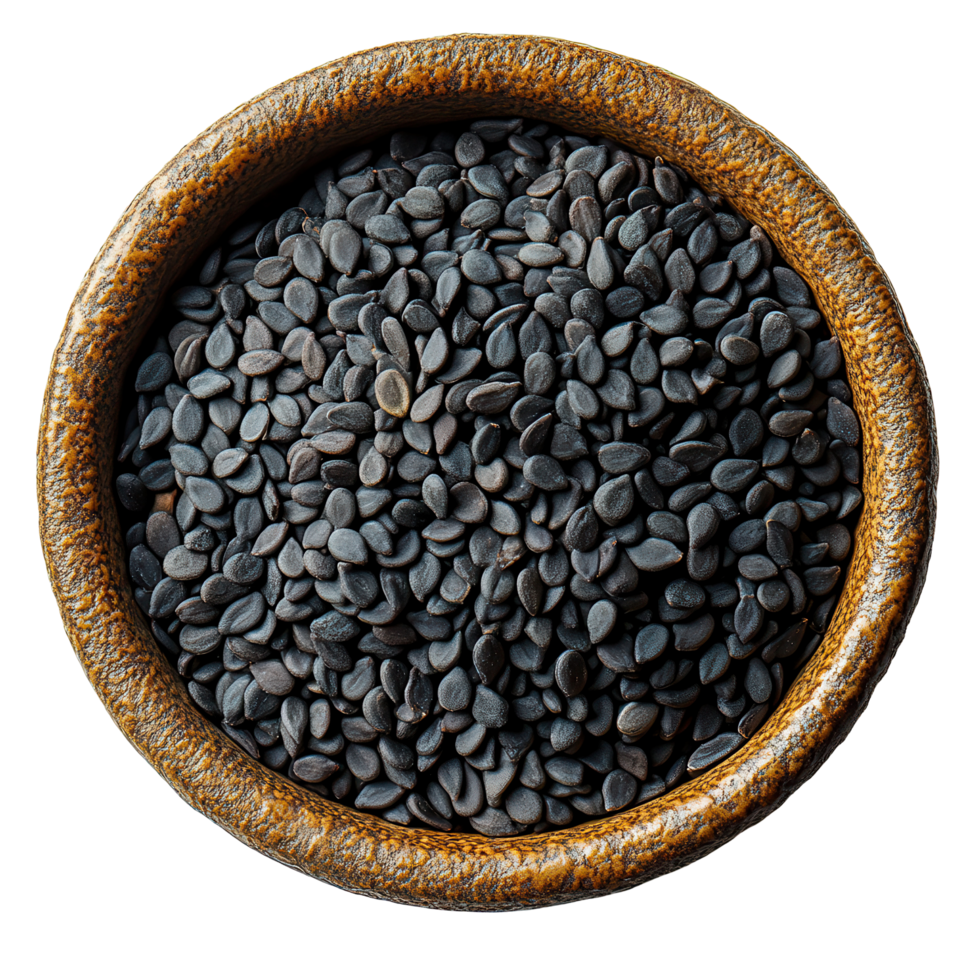 Black sesame seeds in a rustic bowl, showcasing their unique texture and color isolated on transparent background png