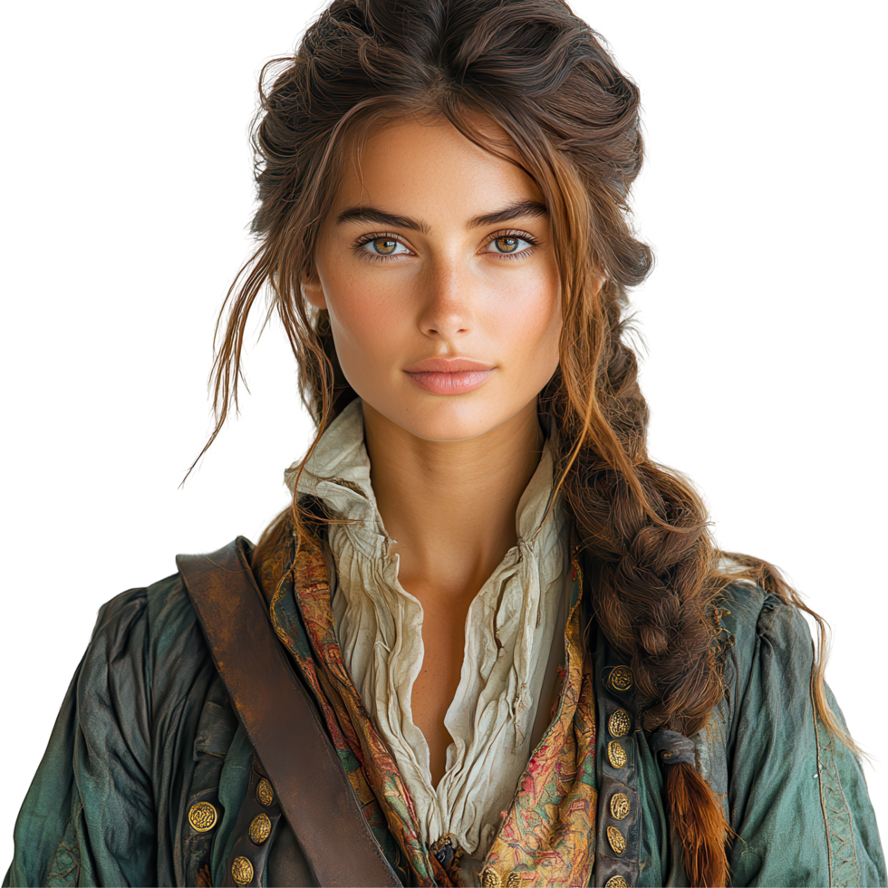 Beautiful young woman dressed in historical pirate attire showcases confidence and charm in vibrant setting isolated on transparent background png