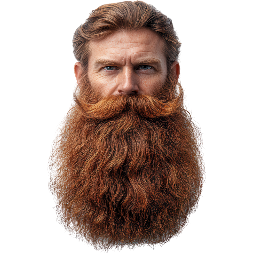 Portrait of a man with a bushy red beard, showcasing facial hair grooming and styling techniques isolated on transparent background png