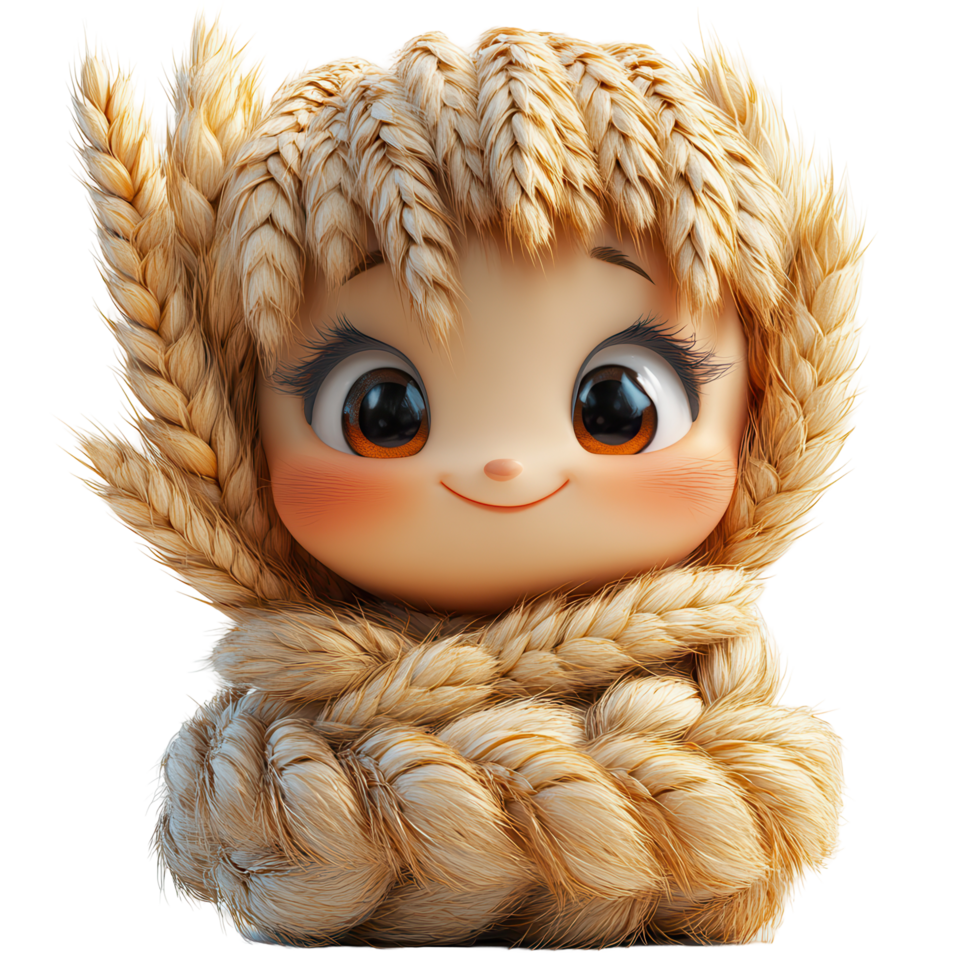 Cute character made of wheat, showcasing playful expression and fluffy texture, ideal for children's decor and farm-themed designs isolated on transparent background png