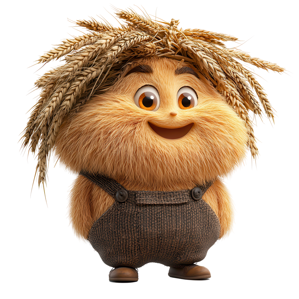 Cute animated character with wheat hair and friendly expression dressed in overalls poses charmingly in a vibrant style isolated on transparent background png