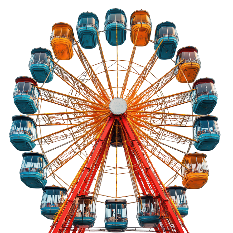Colorful Ferris wheel stands tall against clear sky in amusement park, inviting visitors to enjoy exciting rides isolated on transparent background png