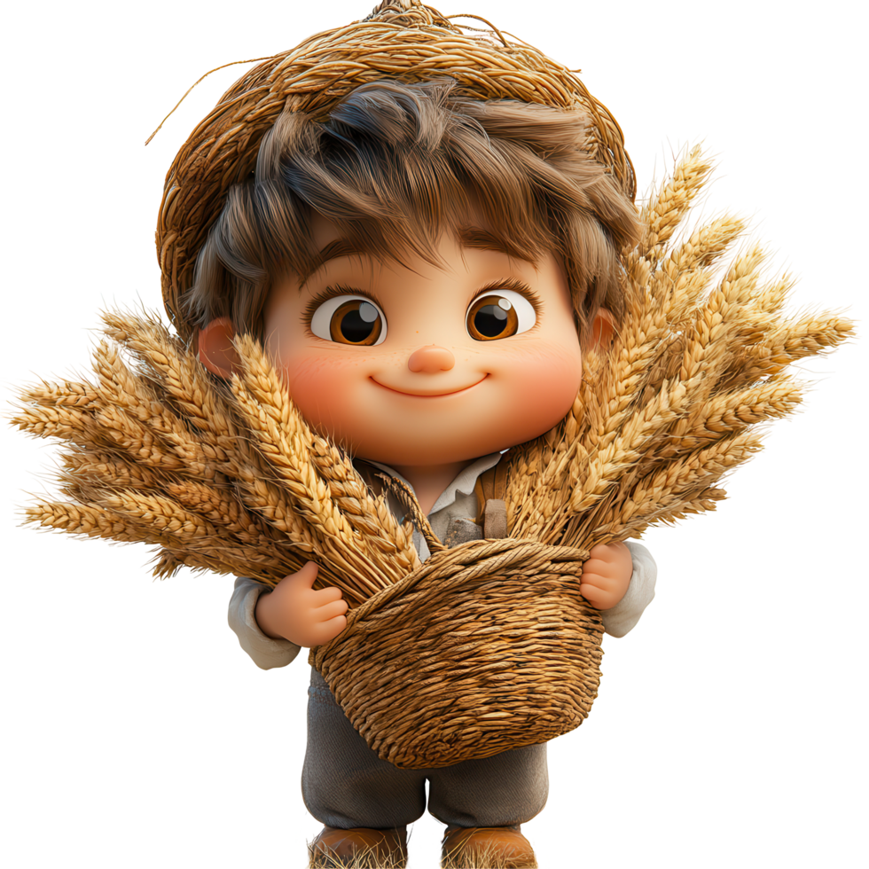 Cheerful child with wheat bundle in a country setting during harvest season isolated on transparent background png