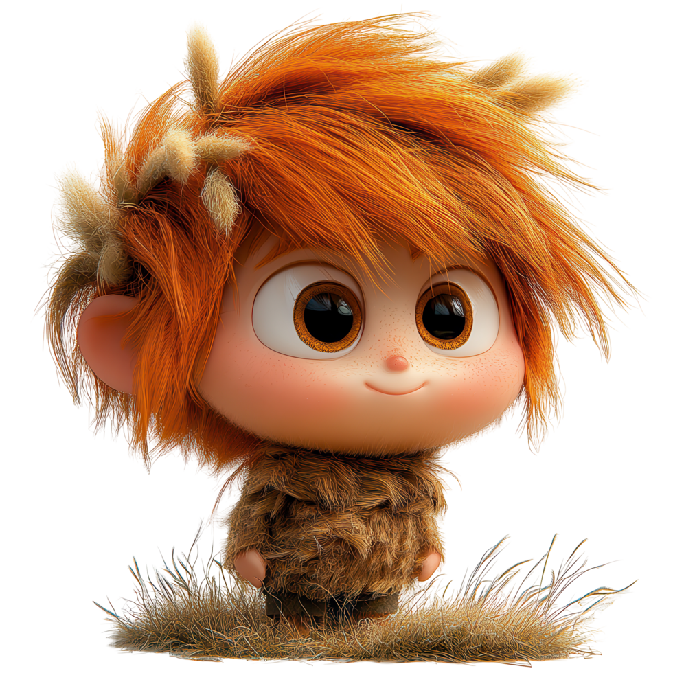 Cute animated character with orange hair and a brown outfit standing in grassy terrain in a playful demeanor isolated on transparent background png
