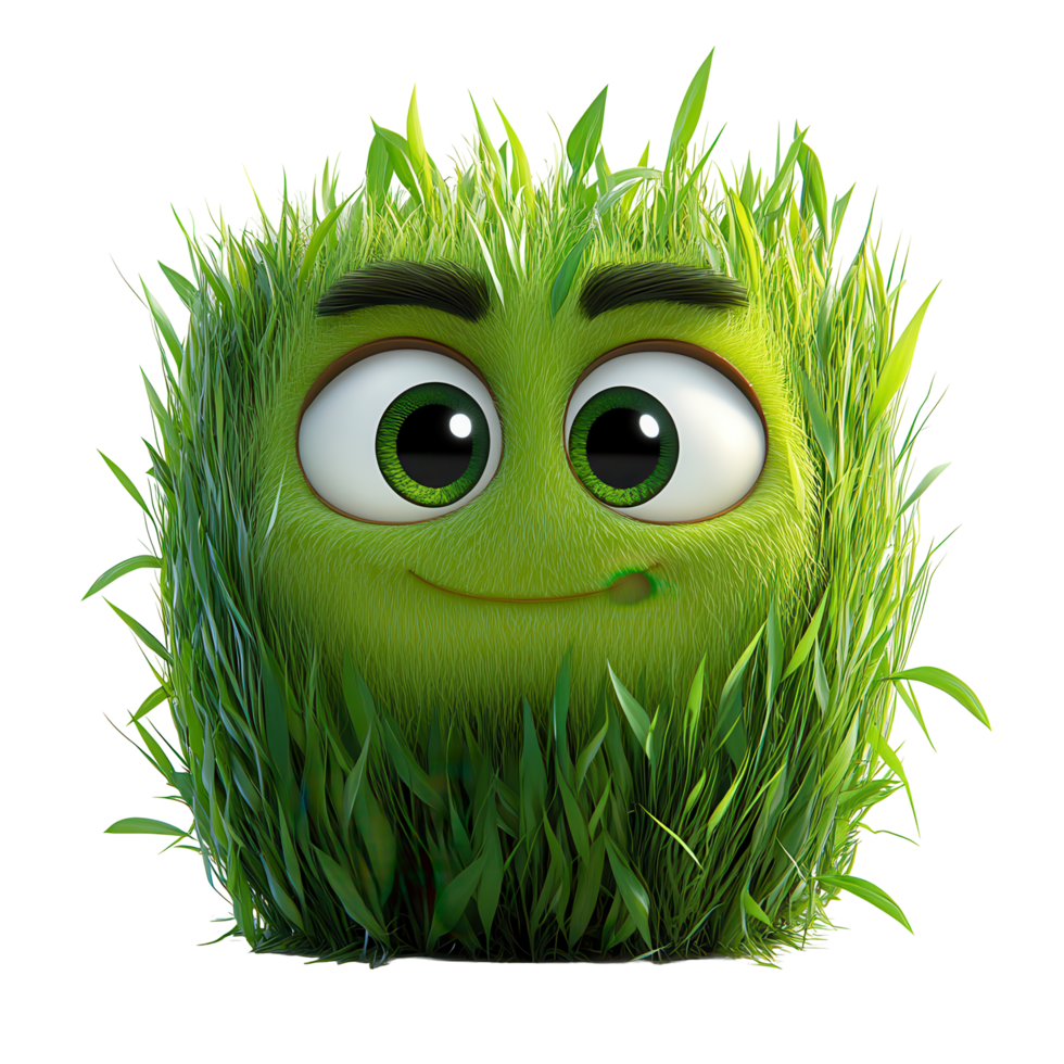 Cheerful animated character with green grass features expresses joy in a playful environment isolated on transparent background png