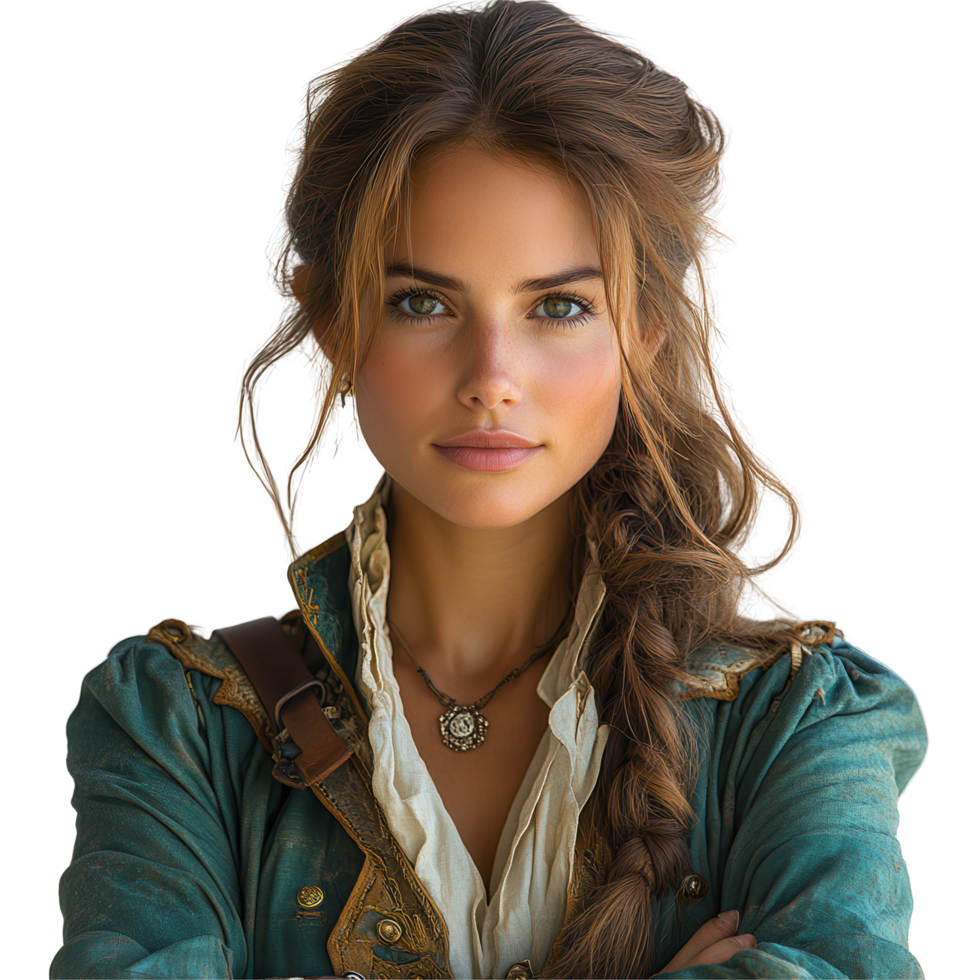 Young woman dressed as a pirate with a confident expression poses for a portrait in a historical costume isolated on transparent background png