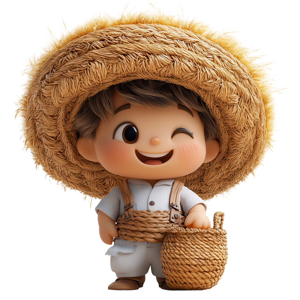 Happy child wearing a straw hat and carrying a basket stands in a sunny field on a bright afternoon isolated on transparent background png