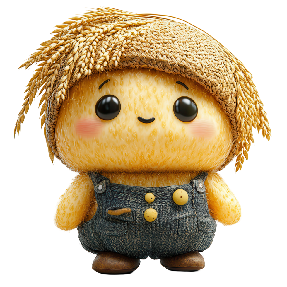 Cute character with straw hat and overalls standing cheerfully among field backdrop during sunny day isolated on transparent background png