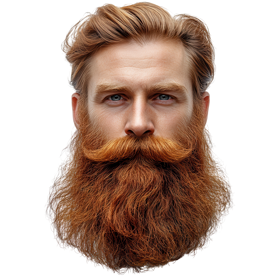 Portrait of a man with a thick red beard and styled hair against a plain background isolated on transparent background png