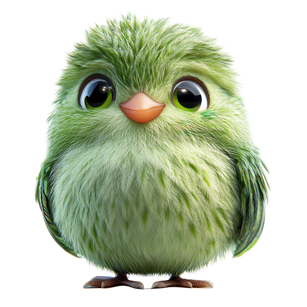 Cute green bird with fluffy feathers stands adorably, showcasing bright eyes and a cheerful expression in a cartoon style isolated on transparent background png