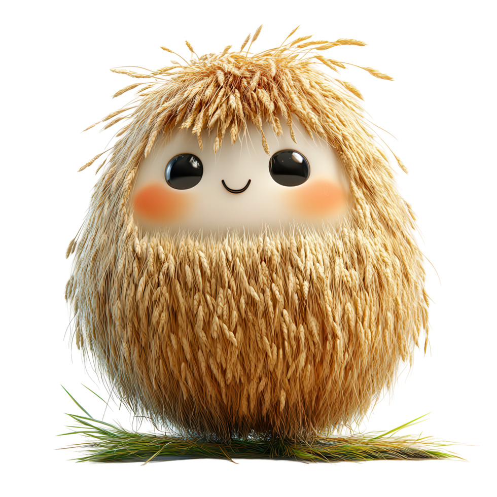 Cute fluffy character with straw-like fur and big eyes standing on green grass in a whimsical setting during daytime isolated on transparent background png