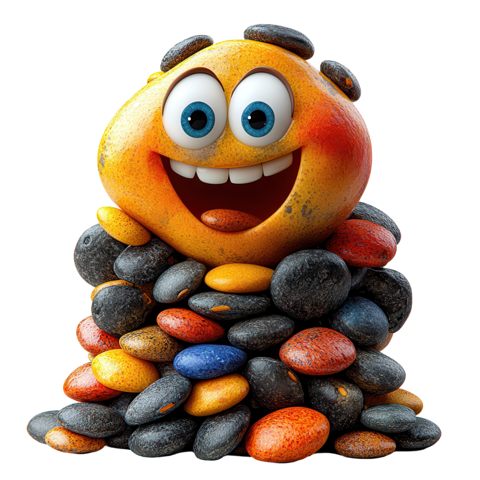 Smiling character surrounded by colorful stones in a playful arrangement during bright daylight isolated on transparent background png
