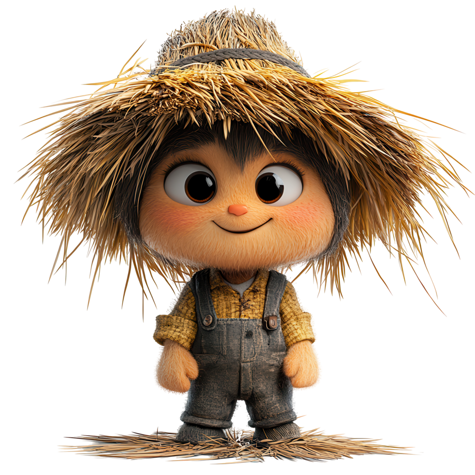 Cute cartoon character dressed as a scarecrow, standing on straw in a bright and cheerful style isolated on transparent background png