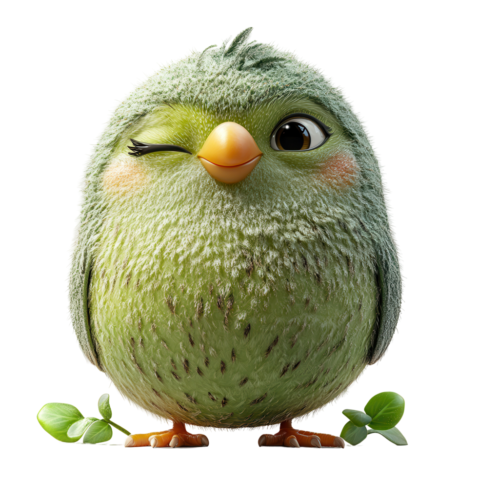 Adorable cartoon bird character with fluffy green feathers and playful expression located in a whimsical setting isolated on transparent background png