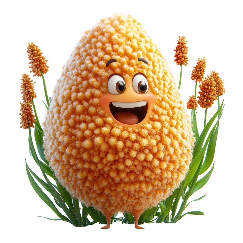 Cheerful animated character with fluffy yellow exterior surrounded by flowers in a vibrant outdoor setting isolated on transparent background png