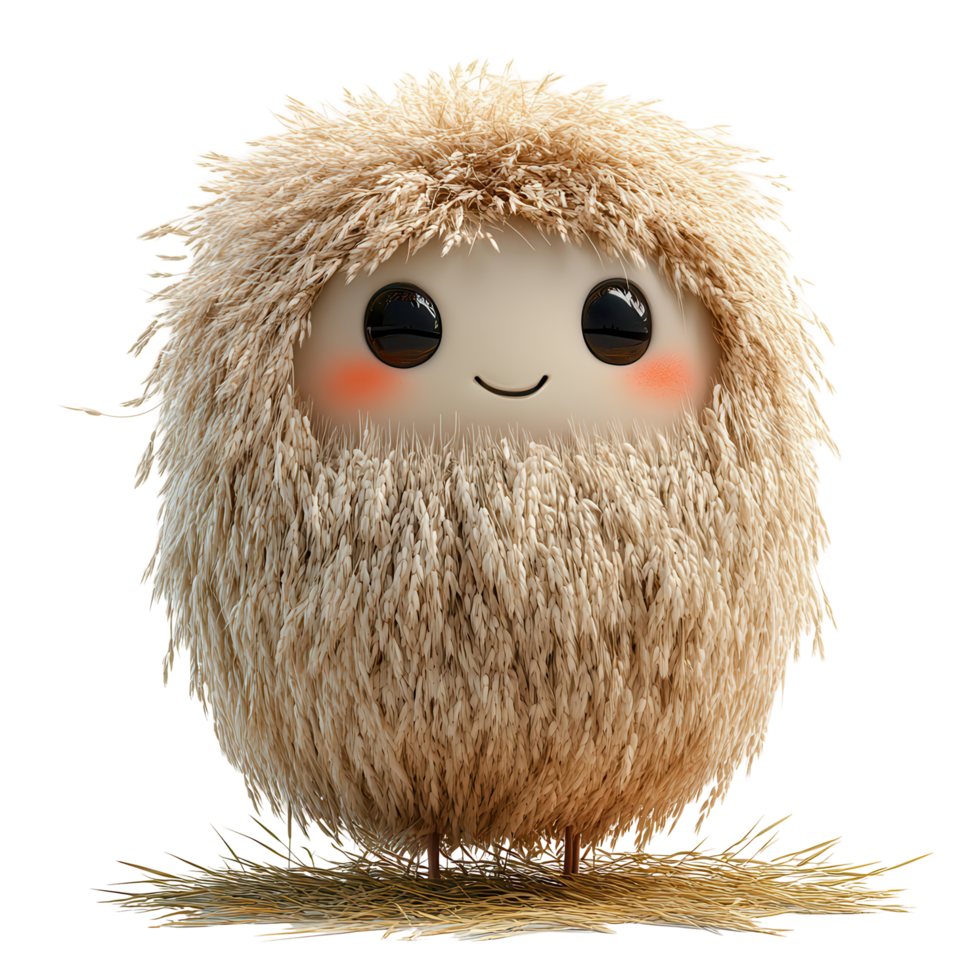 Cute fluffy character with round face and cheerful expression standing on a bed of straw in a bright background isolated on transparent background png