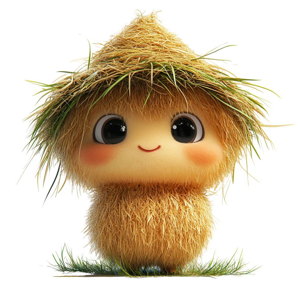 Cute character with straw hat and smiling face standing on green grass in a playful and whimsical style isolated on transparent background png