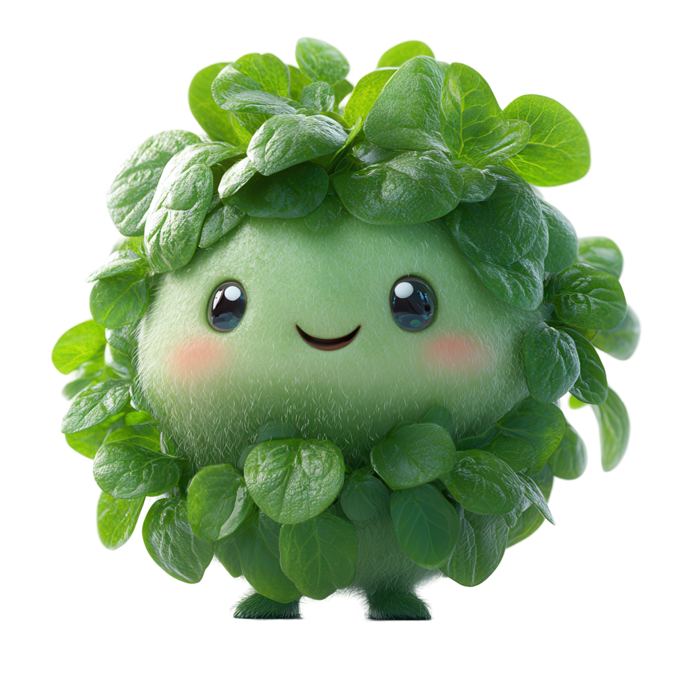 Cute green character with leafy features showcasing a joyful expression in a vibrant design isolated on transparent background png