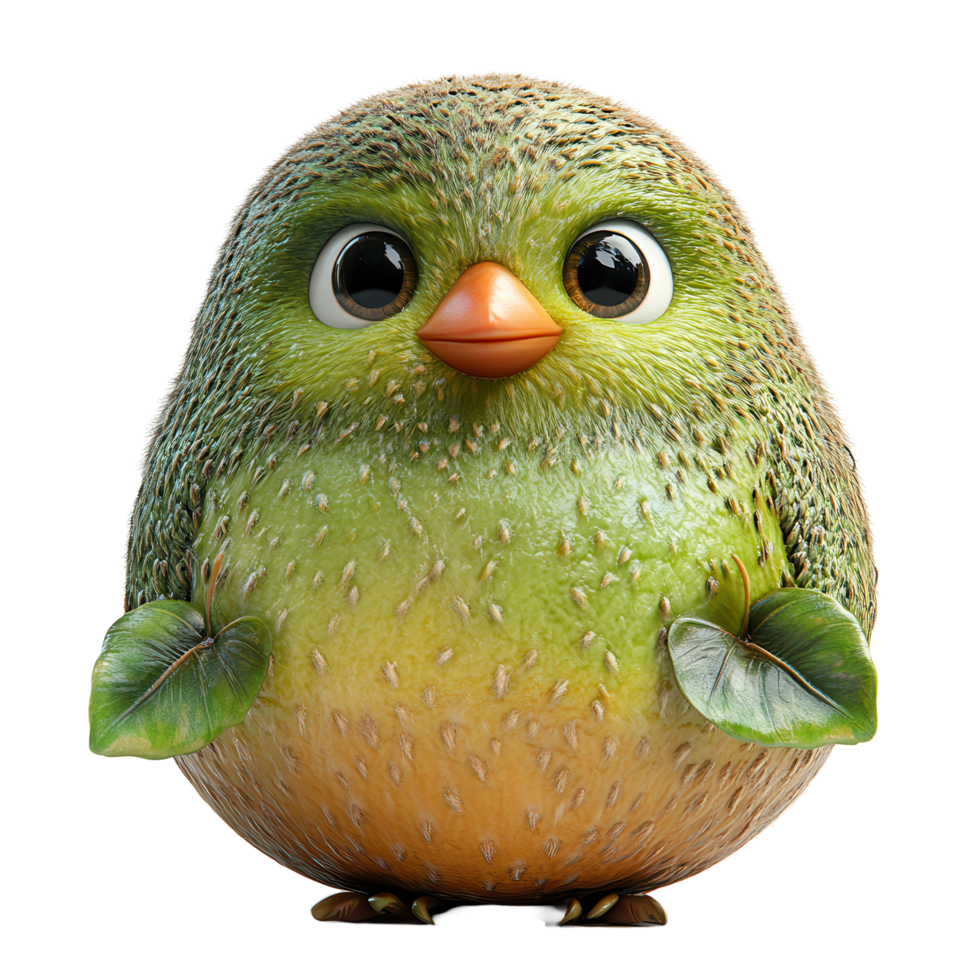 Cute green bird character with big eyes and round body surrounded by leaves in a whimsical style isolated on transparent background png