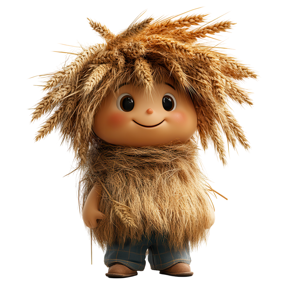Doll with wheat hair and fuzzy body displayed in a playful setting outdoors during sunny weather isolated on transparent background png
