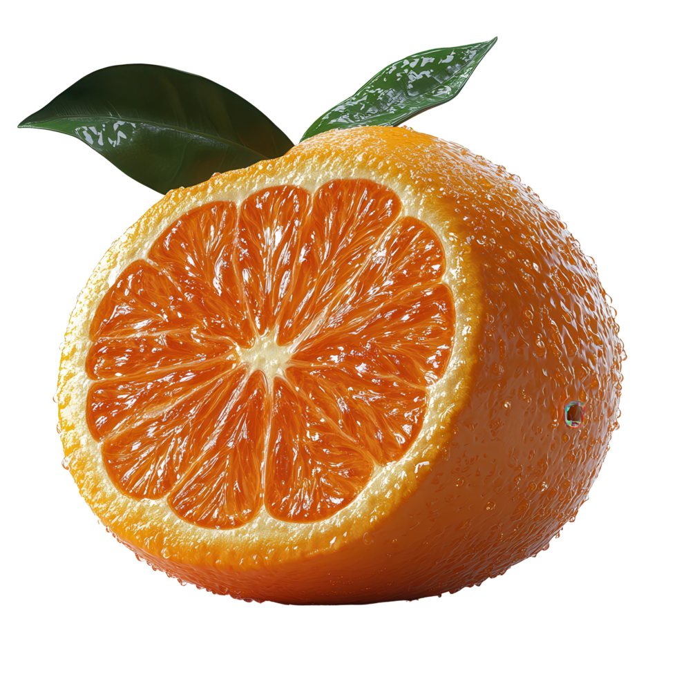 Freshly sliced orange showing juicy segments and a vibrant green leaf resting on top in bright lighting isolated on transparent background png