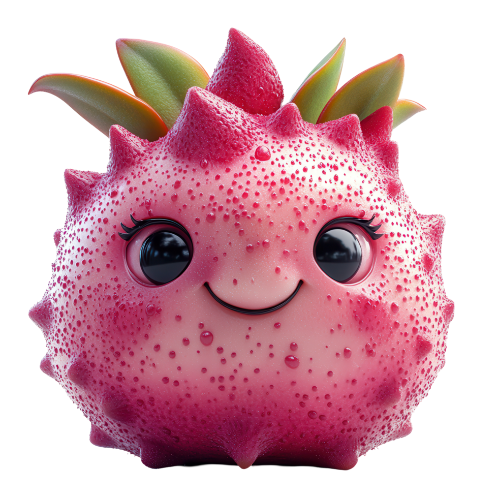Cute cartoon character resembling a tropical fruit with a smiling face and vibrant colors situated in a playful setting isolated on transparent background png