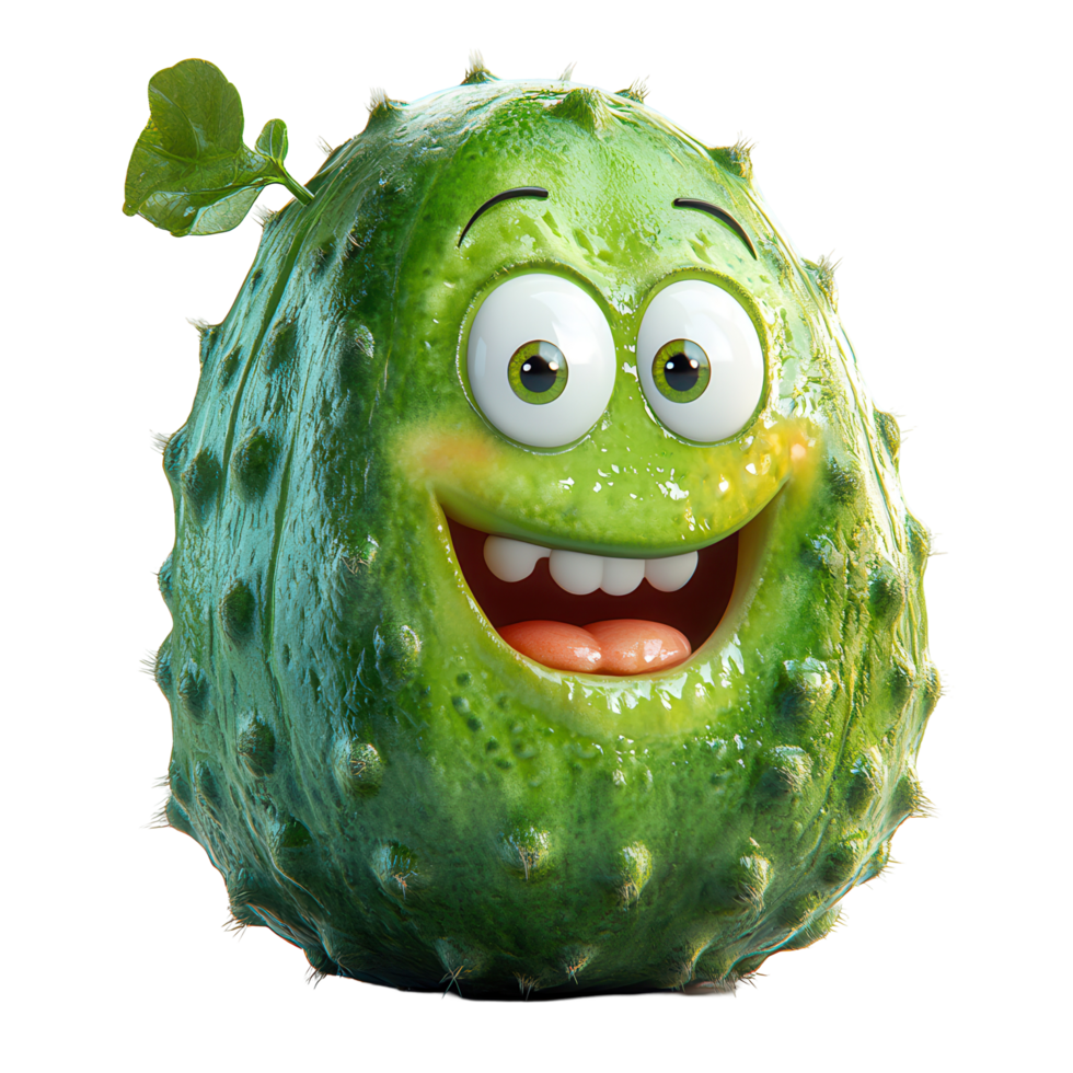 Happy green character resembling a cucumber with a big smile and a leaf on top in a playful setting isolated on transparent background png
