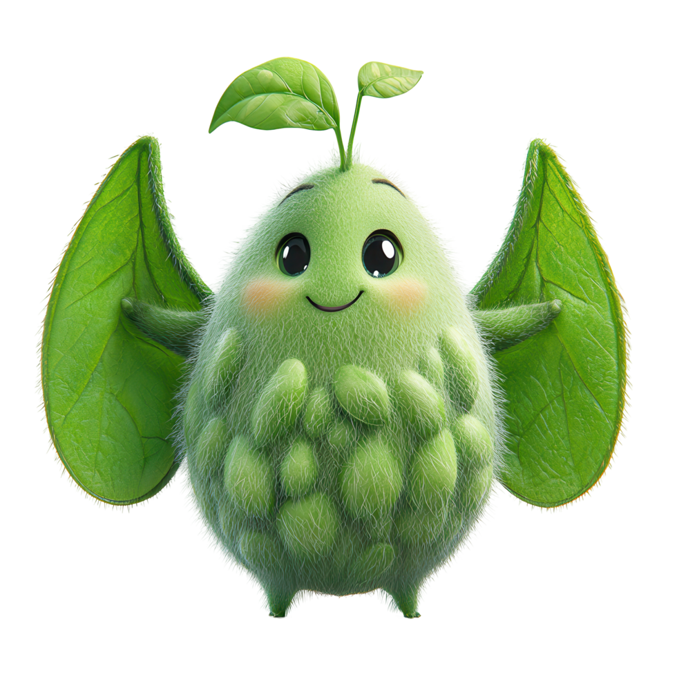 Cute green character with wings and leaves in a lively, playful pose celebrating nature isolated on transparent background png