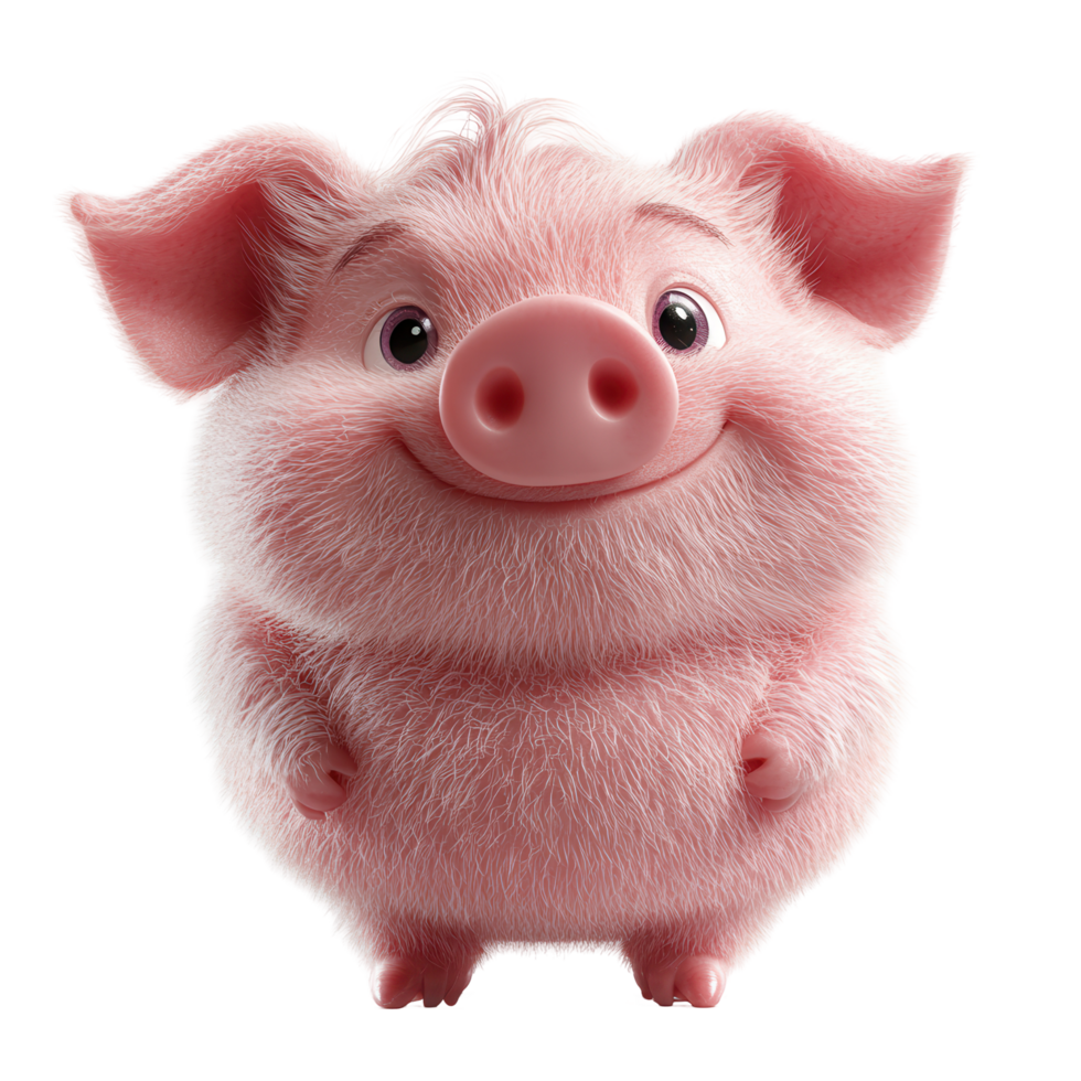 Cute cartoon pig character with a cheerful expression and fluffy appearance in a playful setting isolated on transparent background png