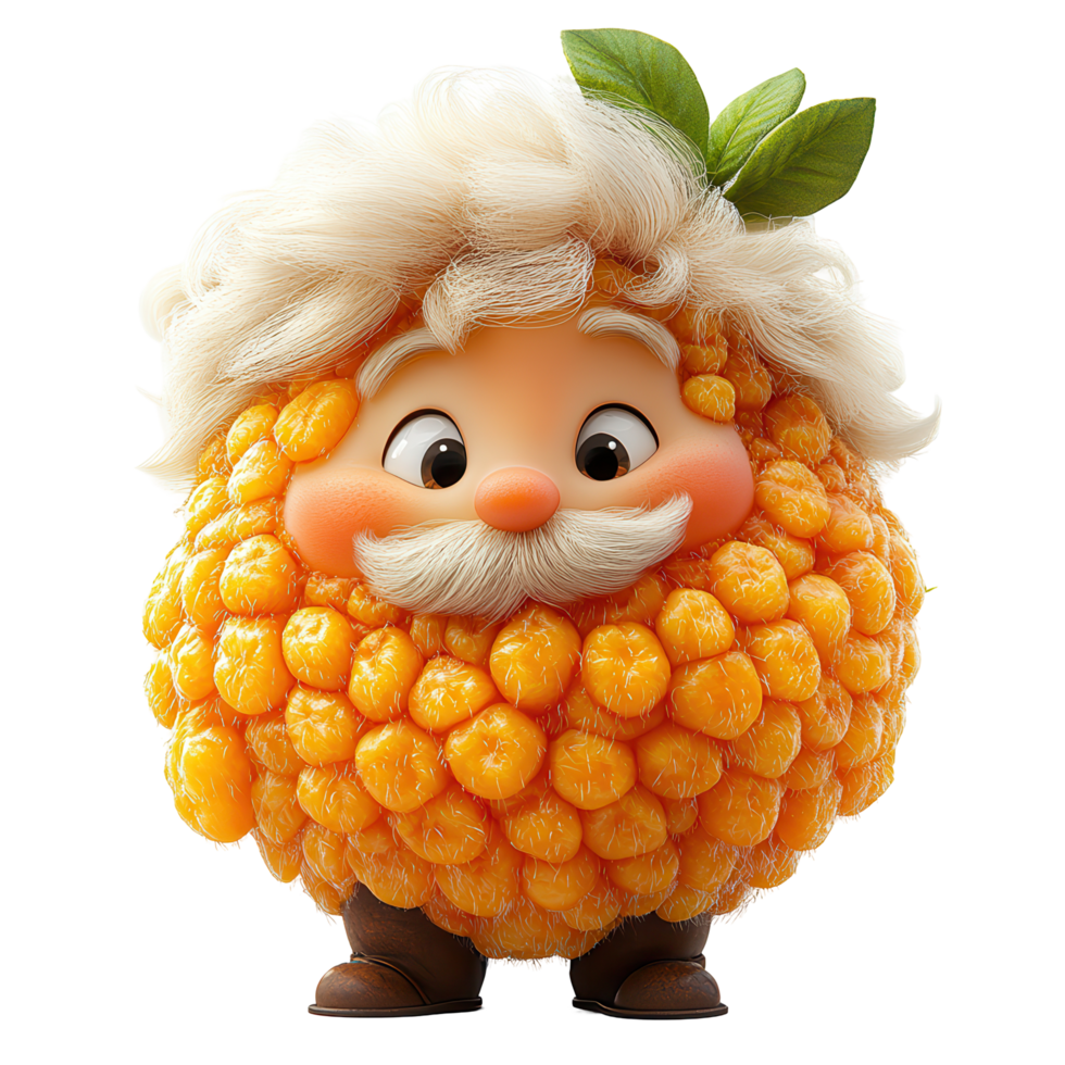 Cute animated citrus character with fluffy white hair and orange body appears cheerful and playful in a vibrant setting isolated on transparent background png